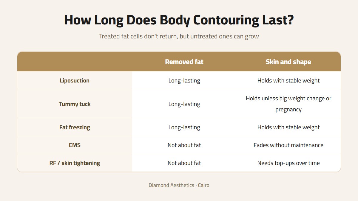 Comparison card showing how long does body contouring last by treatment, from liposuction to EMS