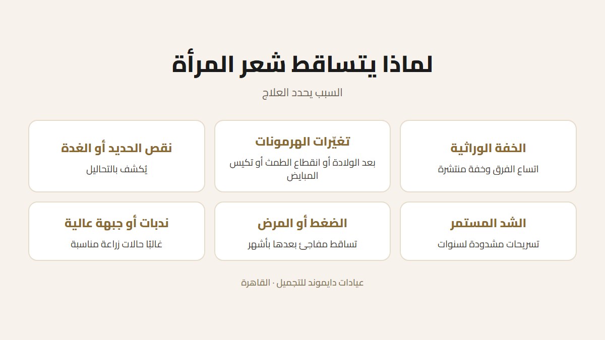 بطاقة توضح أسباب تساقط الشعر عند المرأة قبل التفكير في زراعة الشعر للنساء