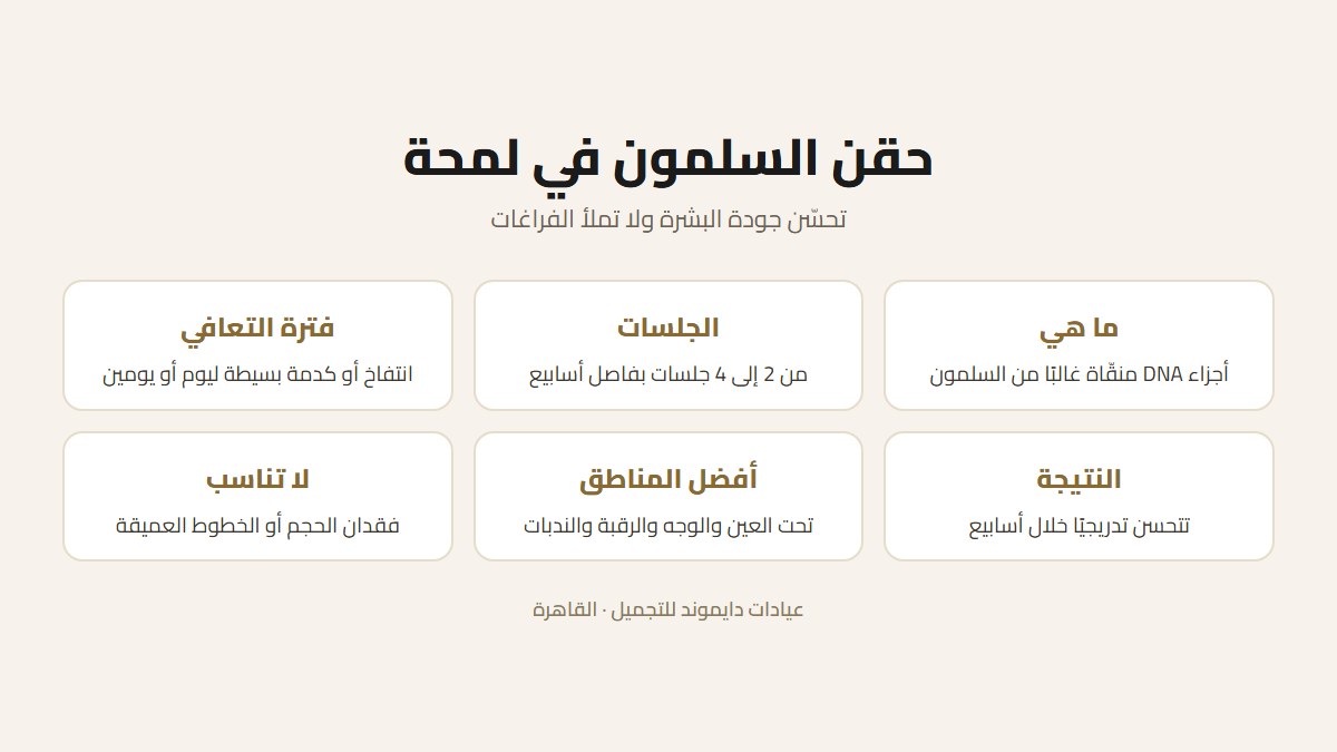 بطاقة تلخص حقن السلمون: عدد الجلسات ومدة التعافي وموعد النتائج وأفضل المناطق ومن تناسب